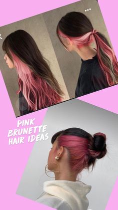 Pink Brunette Hair, Hair Inspo Asian, Asian Dyed Hair, Pink Underneath Hair, Half Colored Hair, Under Hair Dye, Brown And Pink Hair