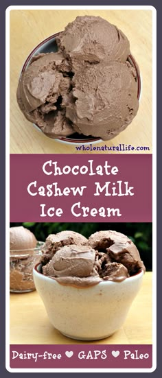 chocolate cashew milk ice cream in a bowl with the words, chocolate cashew milk ice