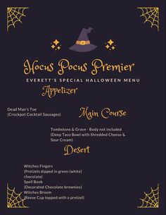 the menu for hocps pocus's halloween dinner