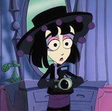 a cartoon character holding a camera in front of a mirror