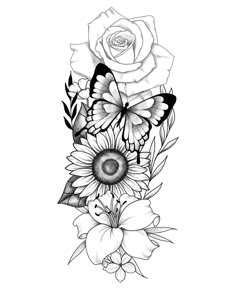 a black and white drawing of flowers with butterflies on the top one side, and an orange rose in the middle