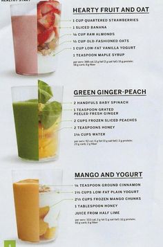 the ingredients for a healthy smoothie are shown in this advertment, with information about how to make it