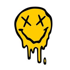 a yellow smiley face with two crosses drawn on it's forehead and dripping paint