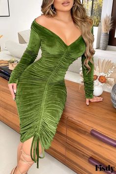 Fisdy - Elegante vestido ciruela de manga larga sin hombros con refinado detalle de cordón Slim Bodycon Dress, 파티 드레스, Velvet Midi Dress, Drawstring Dresses, Ruched Bodycon Dress, Hip Dress, Sleeve Dresses, Mid Length Dresses, Long Sleeve Midi Dress