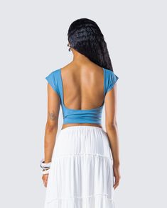 Sleek in the front, sexy in the back 💙 Made from jersey fabric, complete with a cap sleeve, regular length, low open back, and form-fitting style - this blue backless top is perfect for casual days, nights out, and everything in between 😍 White Corset Dress, Yellow Mini Dress, Rhinestone Top, Chain Dress, Black Off Shoulder, White Corset, Backless Top, Sequin Mini Skirts, A Cap