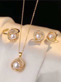 3pcs Pearl Jewelry Set - Necklace, Pendant, Earrings, Ring, Suitable For Women Daily Wear Or Gifts Yellow Gold Elegant        Women Fashion Jewelry, size features are:Bust: ,Length: ,Sleeve Length: Modest Jewelry, Rhinestone Jewelry Set, Fancy Jewelry Necklace, Pretty Jewelry Necklaces, Pearl Jewelry Wedding, Pearl Jewelry Sets, Women's Jewelry Sets, Gold Collar, Elegant Necklace