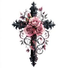 a cross decorated with pink roses and leaves on a white background for wallpaper or decoration