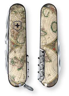 an old world map is attached to the back of a pair of skis with metal handles