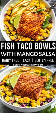 fish taco bowls with mango salsa and avocado garnish on top