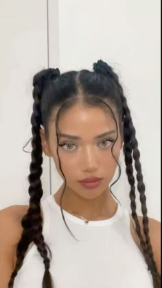 Hair Buns With Braids, Cute Dance Hairstyles For Short Hair, Sweat Tour Hairstyles, Space Buns With Bubble Braids, Four Ponytails Hairstyles, Braids With Accessories Hair Ideas, French Braid To Pigtails, 2 Pony Braids, Bubble Braids Straight Hair