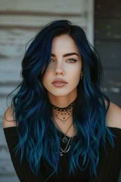 Hair Colour Ideas Blue Eyes, Long Coloured Hair, Vibrant Hair Color Ideas Brunettes, Blue Hair Inspo Color, Black Hair Ideas Color, 2 Tone Hair Color Ideas, Hair Color Ideas For Blue Eyes, Unnatural Hair Color Ideas, Dark Blue Hair Color