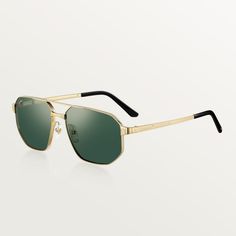 Cartier - Santos de Cartier Sunglasses - Sunglasses Metal - Santos de Cartier sunglasses with metal frame in smooth and brushed golden finish, rectangular shape and green lenses. Dimensions: 60 mm lenses, 16 mm bridge, 145 mm temples. Cartier Sunglasses, Cartier Santos, Green Lenses, Cartier, Sunglasses Accessories, Metal Frame, Lenses, Bridge, Sunglasses