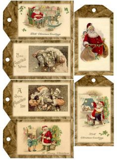 four christmas tags with santa claus and other pictures