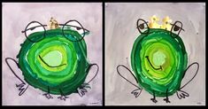 two paintings of green frog with crowns on their heads