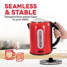 a red electric kettle is being held by someone's hand and the words seamless & stable transport from power base to your table