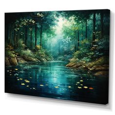 an oil painting on canvas of a forest scene with water lillies and trees in the foreground