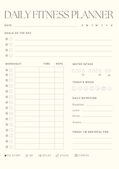 the daily fitness planner is shown in black and white