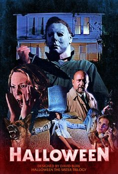 a movie poster for halloween with the characters in costume and onlookers watching