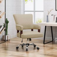 an office chair sitting in front of a desk