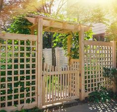 a wooden fence with lattice design in the middle and green plants around it, on a sunny day