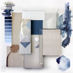 an abstract painting with blue and white colors on the walls, including paint swatches