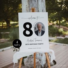 an old man's 80th birthday party sign is displayed on a easel