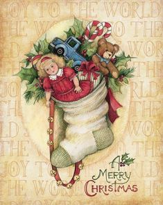 a christmas stocking with teddy bears hanging from it's side and the words merry christmas