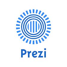 the logo for prezi is shown on a white background with blue and gray stripes