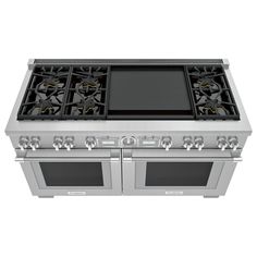 an oven with four burners and two doors on the front, in stainless steel