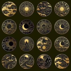 twelve golden and black circular designs with clouds, stars and moon in the night sky