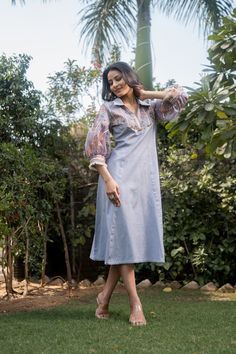 "Linen Midi Dress with Embroidery Work, Puffy Sleeve Summer Midi Dress, Grey Midi Casual Dress with Collar, Shirt Dress for Women Fabric - Cotton Linen   Sleeve - Puffy 3/4 Sleeves Color - Cool Grey Work - Embroidery and Printed Size - 34 (XS), 36(S), 38(M), 40(L), 42(XL), 44(2XL) Length of the Dress- 45\" (114 cm) This dress may look like a simple one but it fits and falls like a dream. Flattering to all body types, it has a shirt collar midi dress made from high-quality linen and cotton fabric, this dress features a lightweight, breathable material that is ideal for hot summer days. The loose fit adds simplicity and elegance to the dress, allowing you to move freely and feel comfortable in any situation. Size chart attached in images mentions garment measurements in inches . Please Note- Midi Casual Dress, Shirt Dress For Women, Collar Shirt Dress, Dress With Puffy Sleeves, Summer Midi Dress, Dress With Collar, Dress With Embroidery, Cotton Linen Dresses, Linen Midi Dress