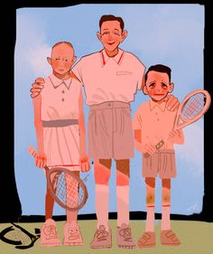 three people standing next to each other holding tennis racquets