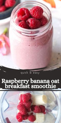 raspberry banana oat breakfast smoothie in a mason jar