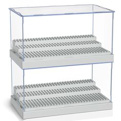 three tiered display case for legos with clear plastic sides and bottom shelves, each holding two different sized bricks