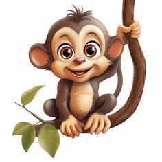 a cartoon monkey sitting on top of a tree branch holding onto a branch with leaves