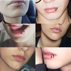 four different pictures of the same woman's nose and lip piercings on her lips