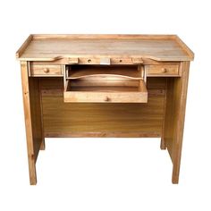 a wooden desk with two drawers and a drawer on the bottom shelf, against a white background