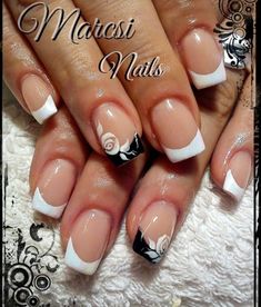 Black And White French Tip Nail Designs, Black And White French Nail Designs, Black Nails With White French Tip, White French Tip Nail Art, Black And White Wedding Nails, Black And White French Nails, Black And White French Tip Nails, Dip Designs, Black And White French