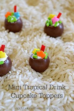 mini tropical drink cupcake toppers on white rice