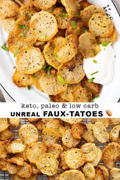 potato chips on a white plate with text overlay that says keto, paleo & low carb