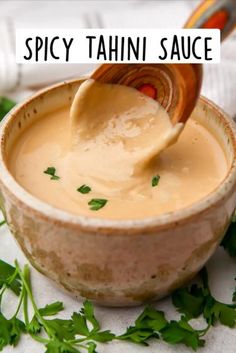 a wooden spoon in a small bowl filled with creamy cheese sauce and garnished with parsley