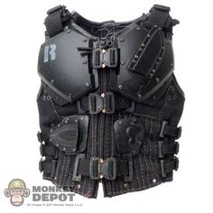 a black body armor with multiple zippers and rivets on the chest,