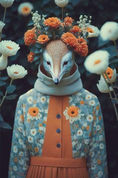 an animal with flowers on its head is standing in front of some white and orange flowers