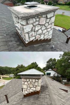 two different views of the same roof and one is showing it's stone chimney