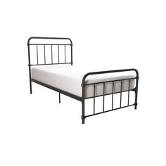 a metal bed frame with white sheets and pillows on it's headboard, against a white background