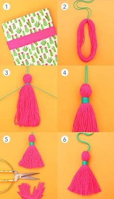 how to make tassels with yarn, scissors and thread on an orange background