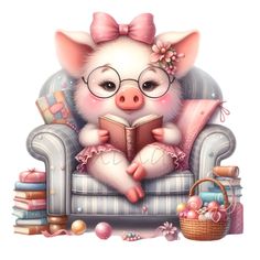 a pig is sitting on a couch reading a book