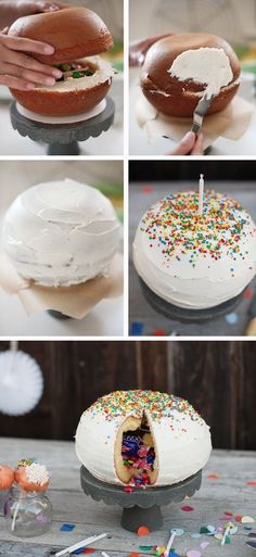 there is a cake that has been decorated with white frosting and sprinkles