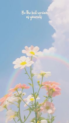 a vase filled with daisies under a blue sky and a rainbow in the background