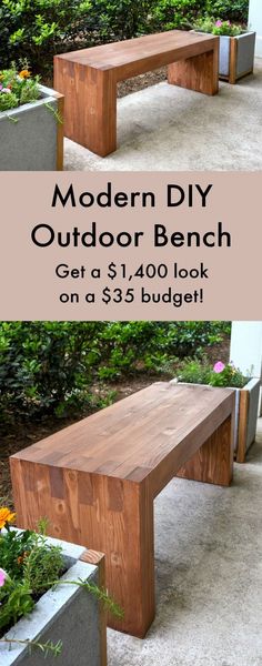 an outdoor bench made out of wood and concrete with text overlay that reads modern diy outdoor bench get a $ 1, 000 look on a $ 35 budget